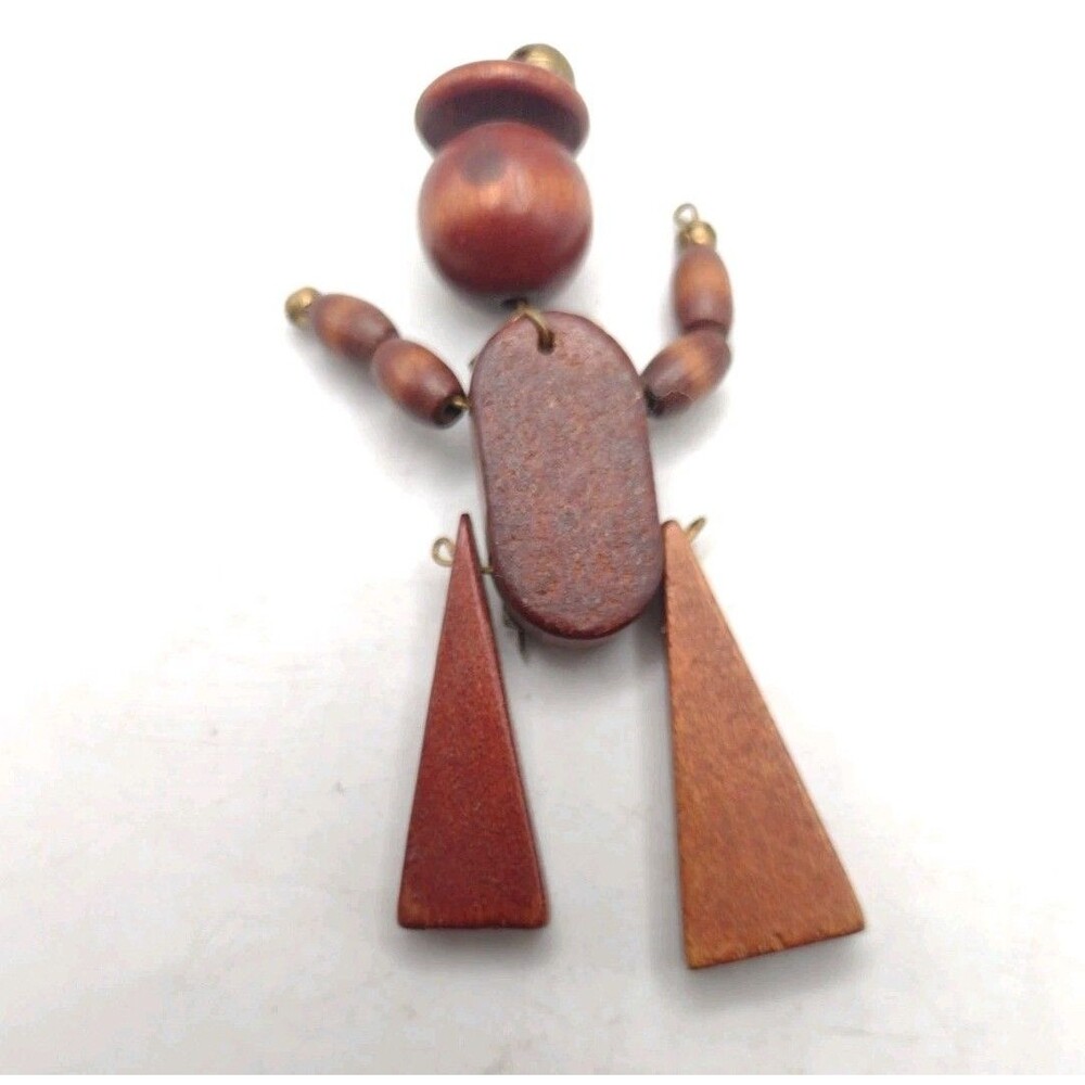 Vintage Mid Century Modern Teak Wood Modernist Brooch Pin Figure Articulated